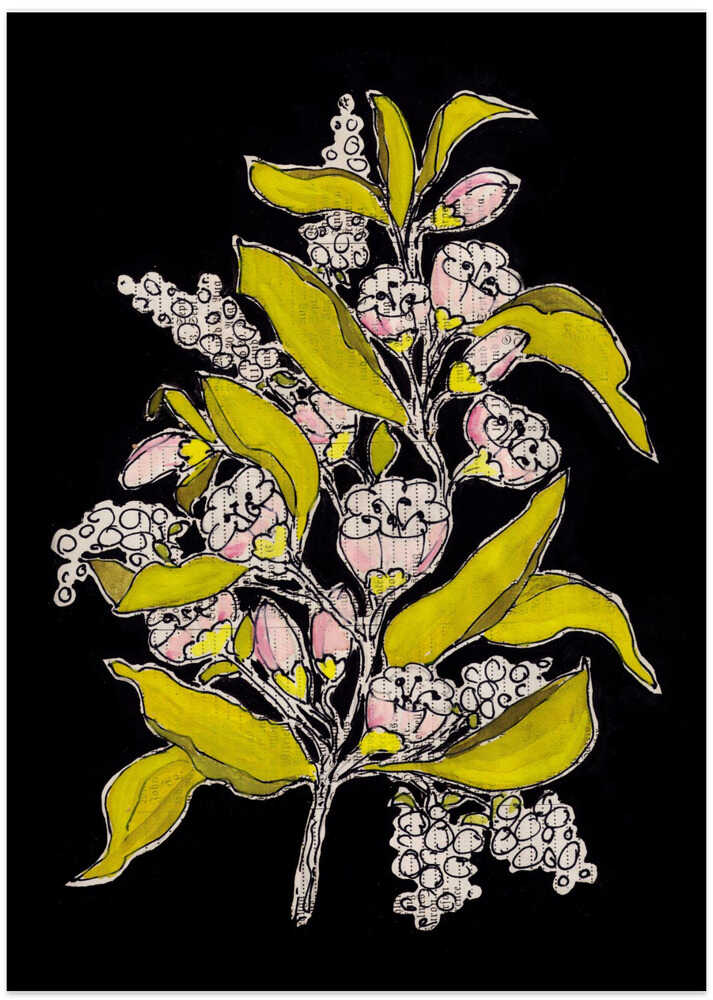 Blossoming branch with black background gouache painting