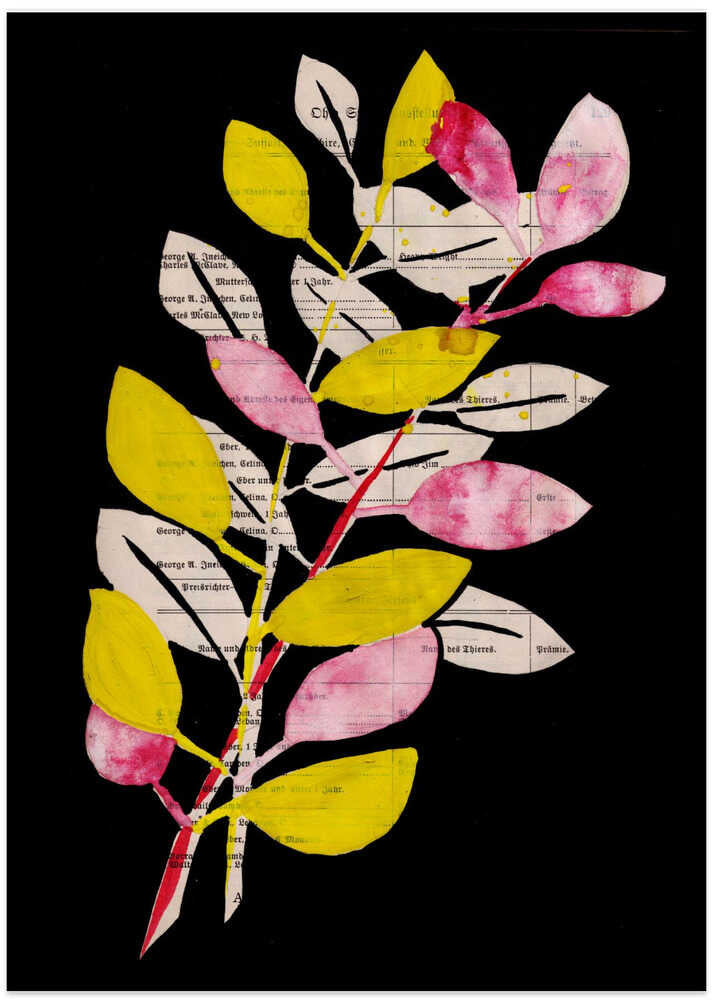 Pink and yellow leaves with black background gouache painting
