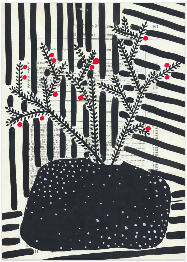 Black and white still life with berries and stripes
