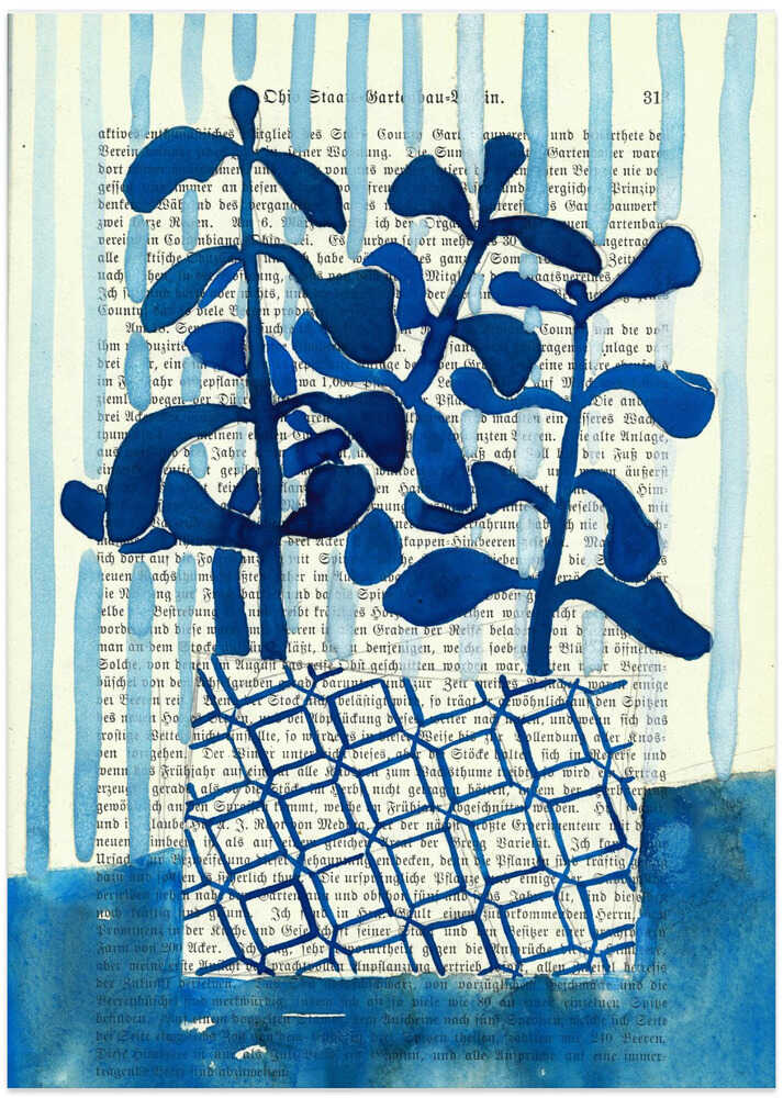 Denim blue patterned vase watercolor