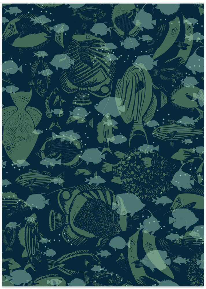 deep ocean fish family dark blue pattern