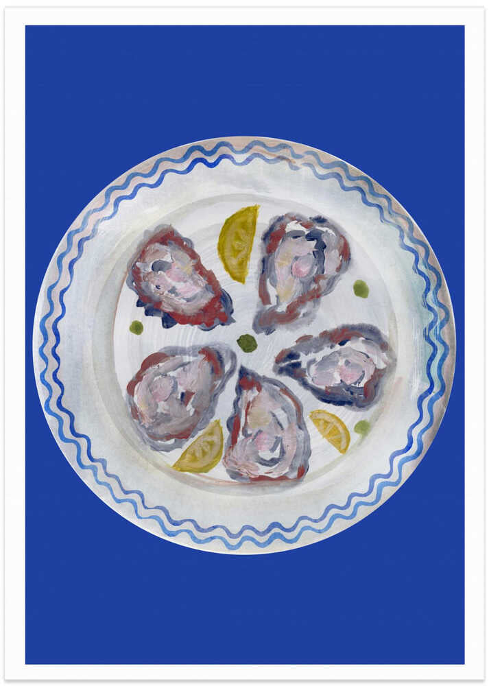 Oysters and Lemon on Blue Plate