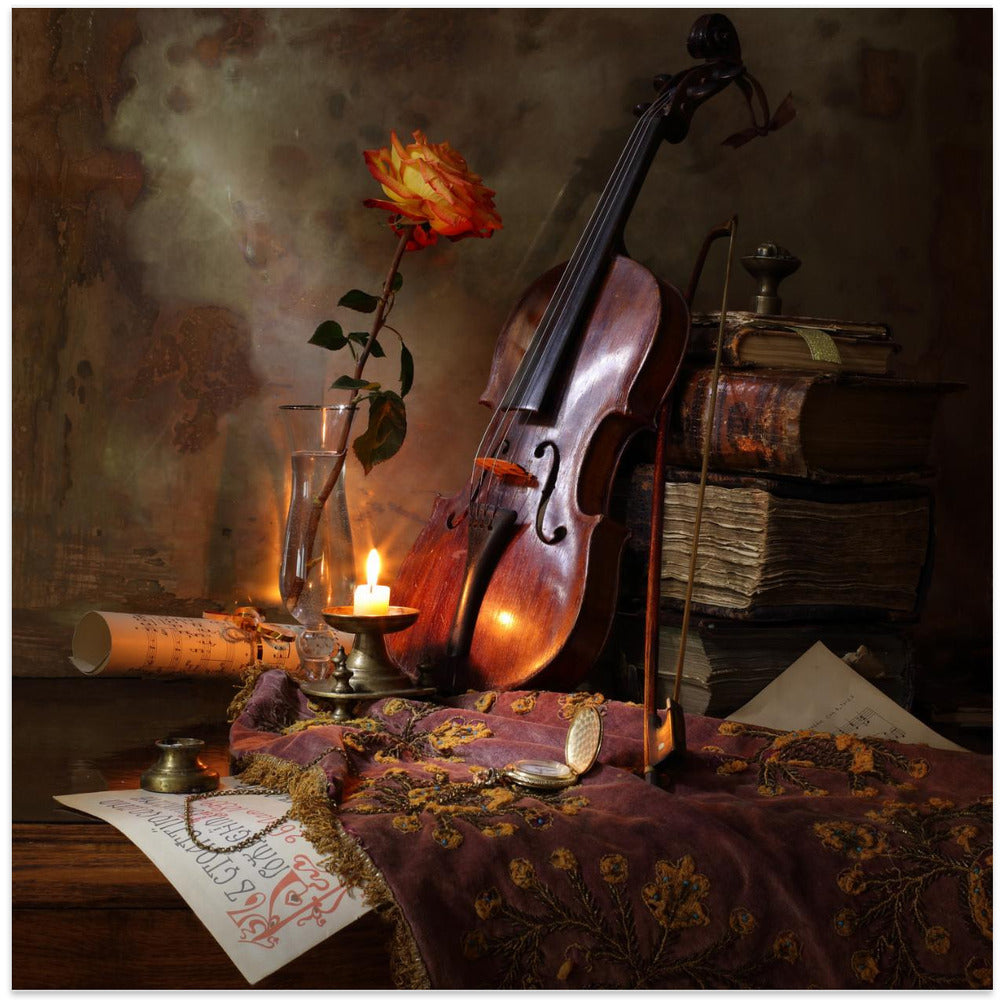 Still life with violin and rose