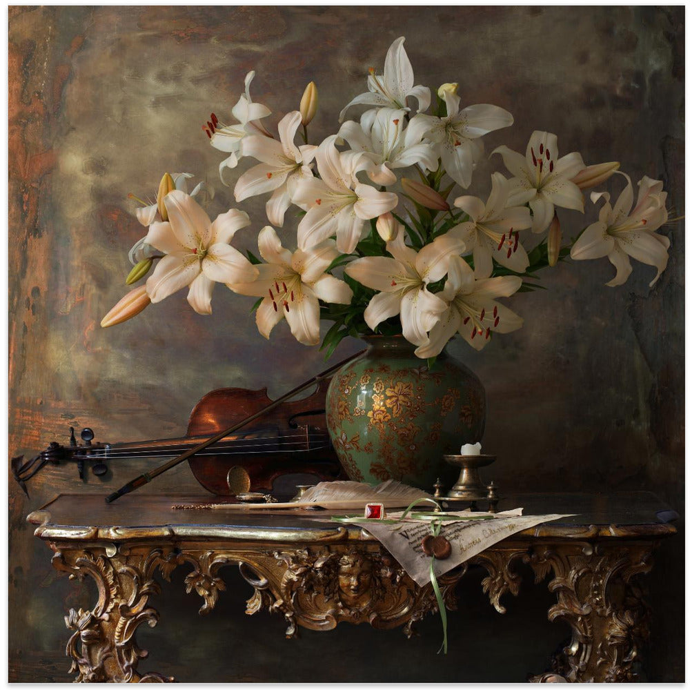 Still life with violin and flowers