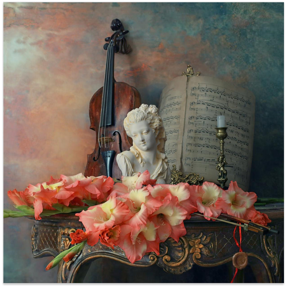 Still life with violin and flowers