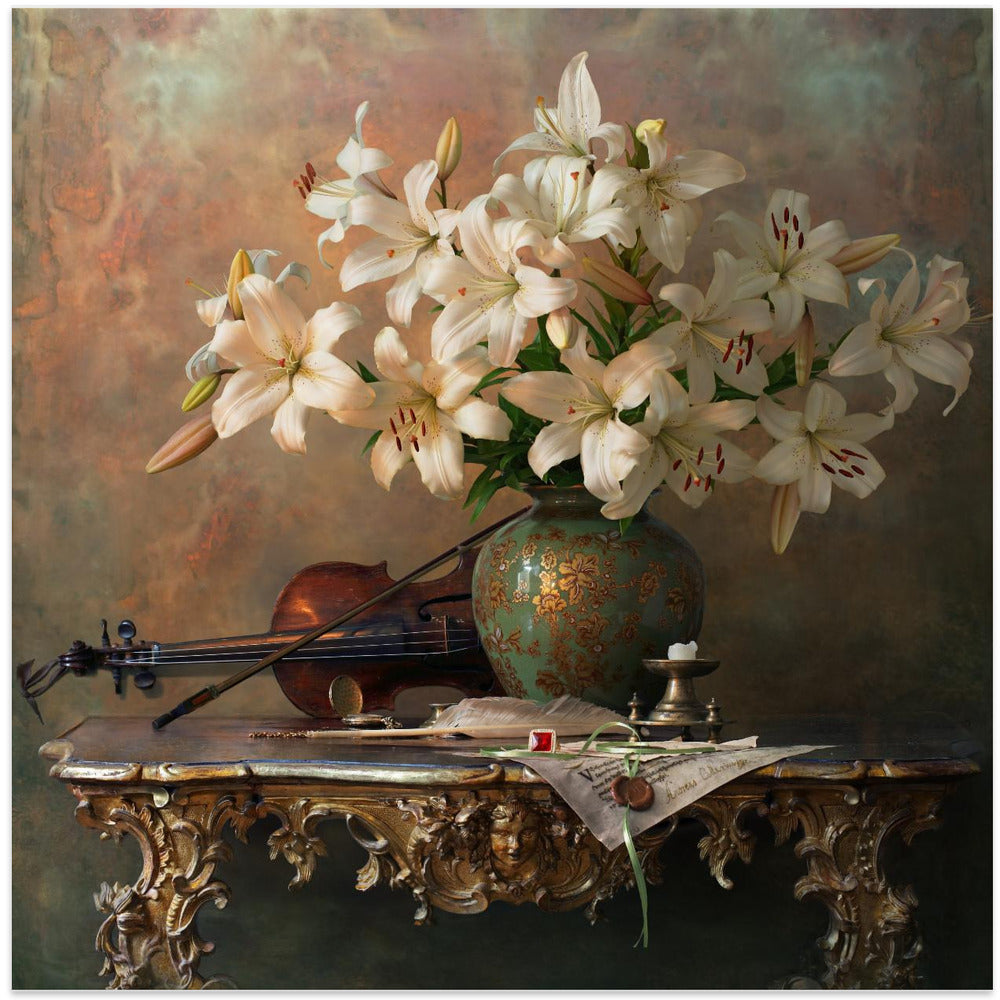Still life with violin and lilies