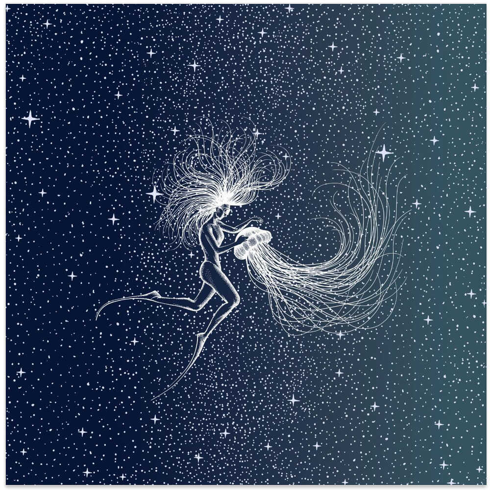 Diver & Jellyfish Solo (Color Grad Turquoise)