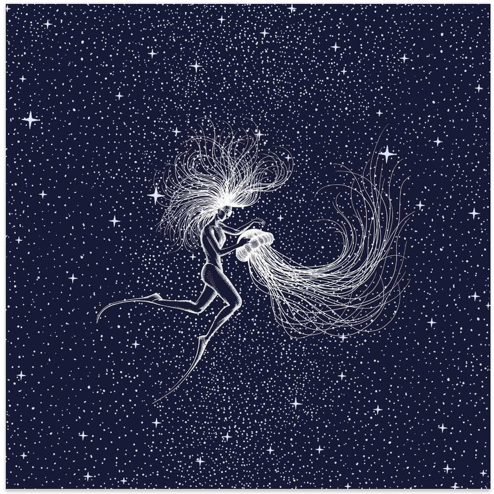 Diver & Jellyfish Solo (Color Grad Turquoise)