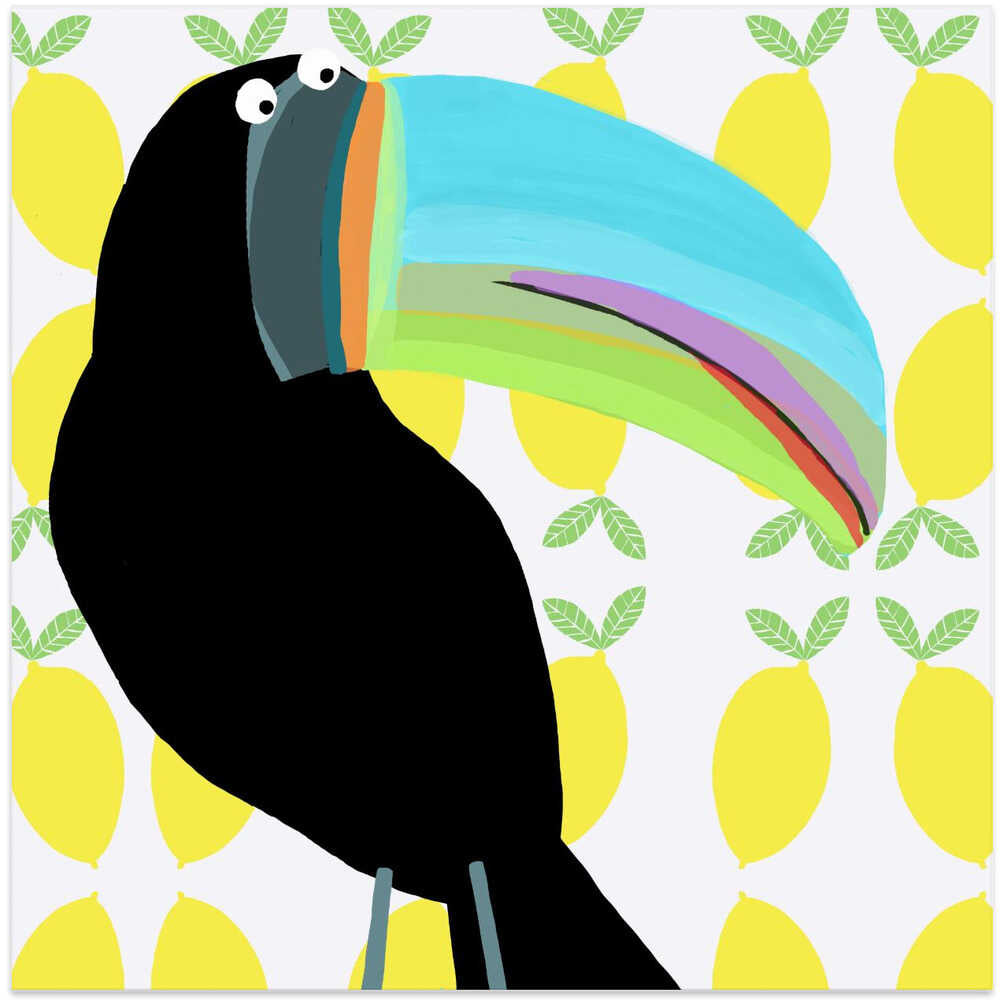 Tropical Toucan Bird with Lemon Pattern Background by Carla Daly