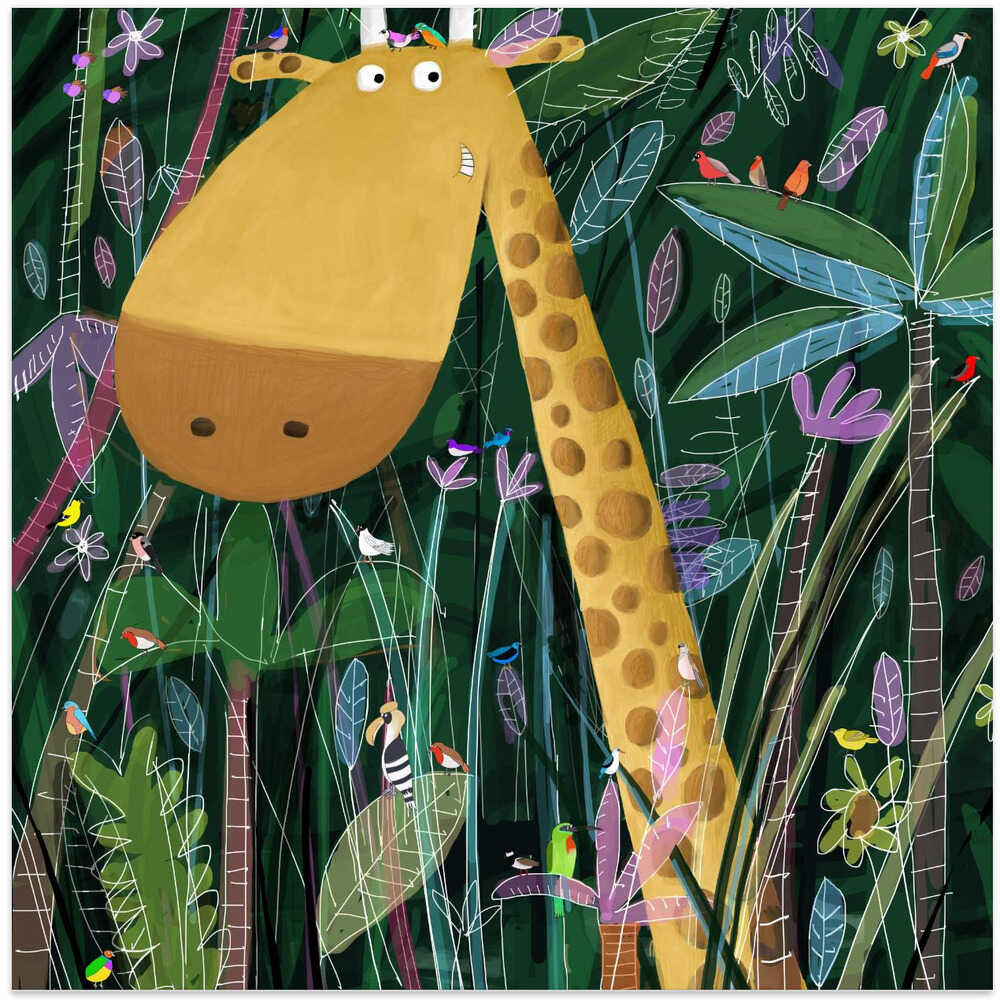 Cute Giraffe Peeks Out of the Jungle by Artist Carla Daly