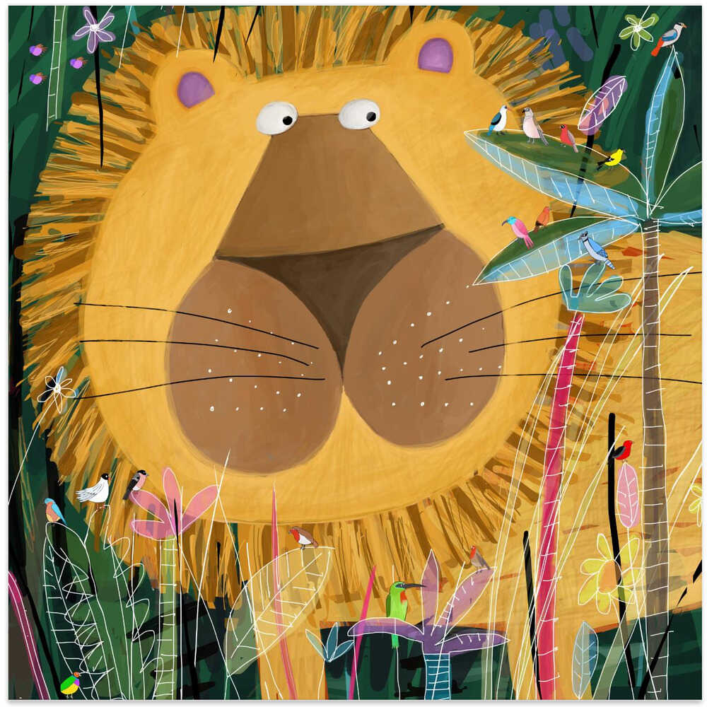 Large Lion Peeks Out of the Jungle Foliage by Artist Carla Daly