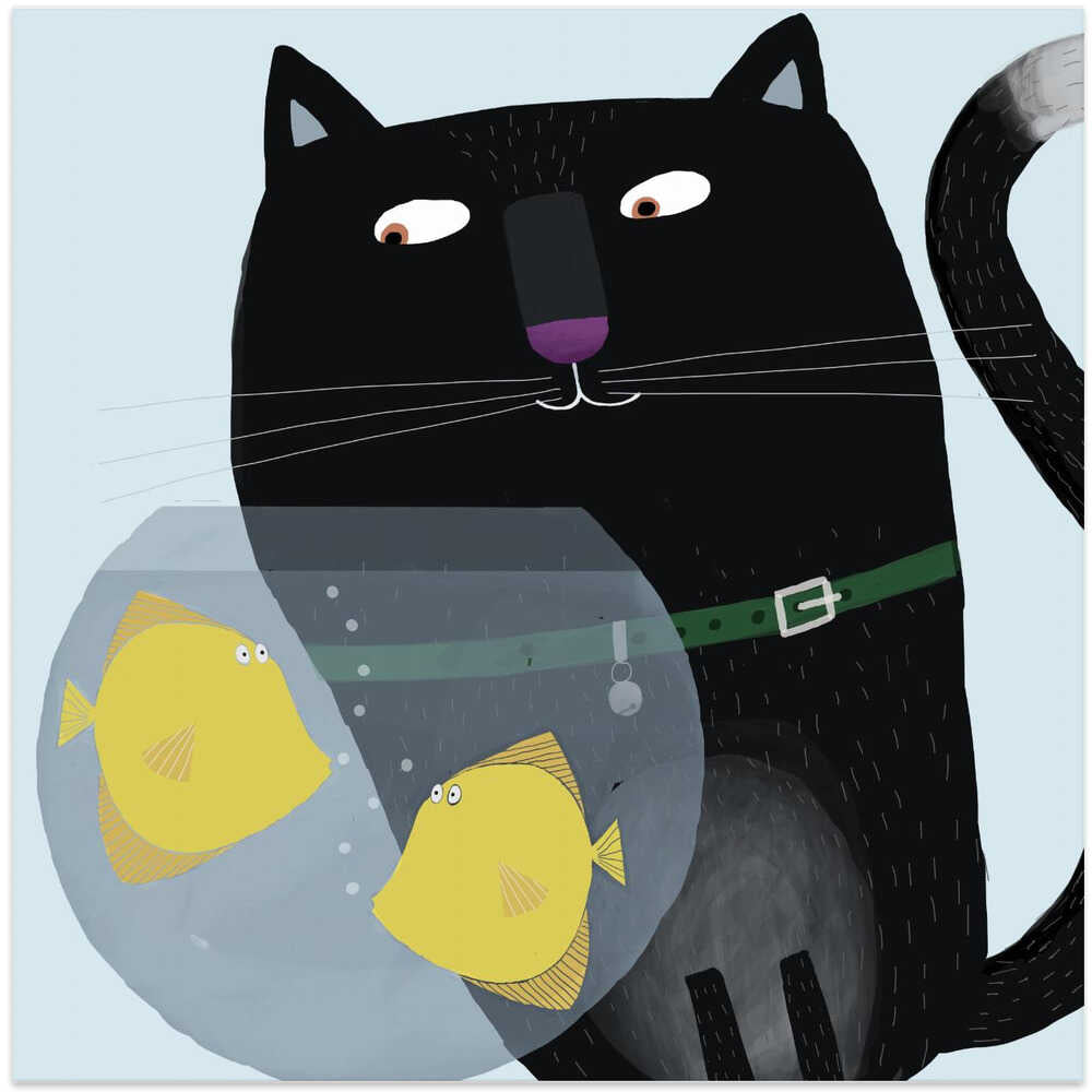 Black Cat Eyeing Up Yellow Fish in fish Bowl by Artist Carla Daly