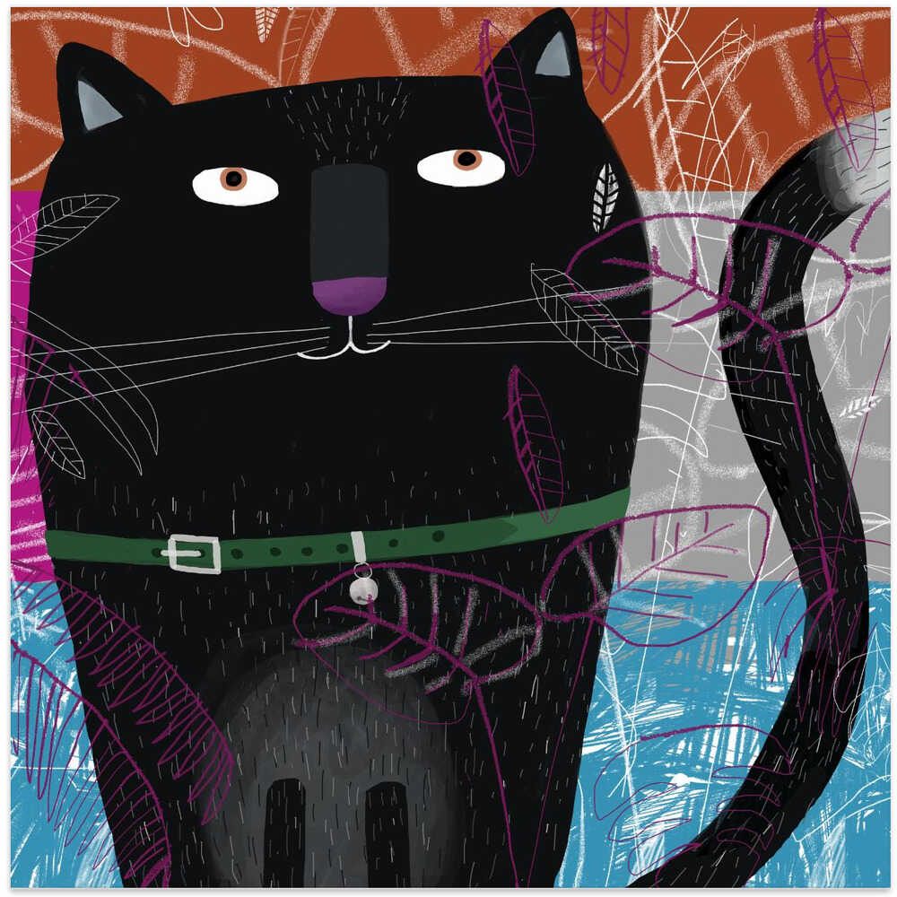 Black Cat with Falling Autumnal Leaves by Artist Carla