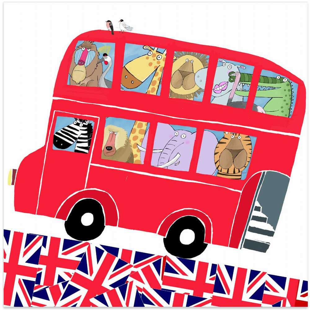 London Bus Full of Jungle Animals with UK Flag Design