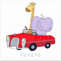 Giraffe and Elephant Driving a Classic American Car, Havana Travel Art